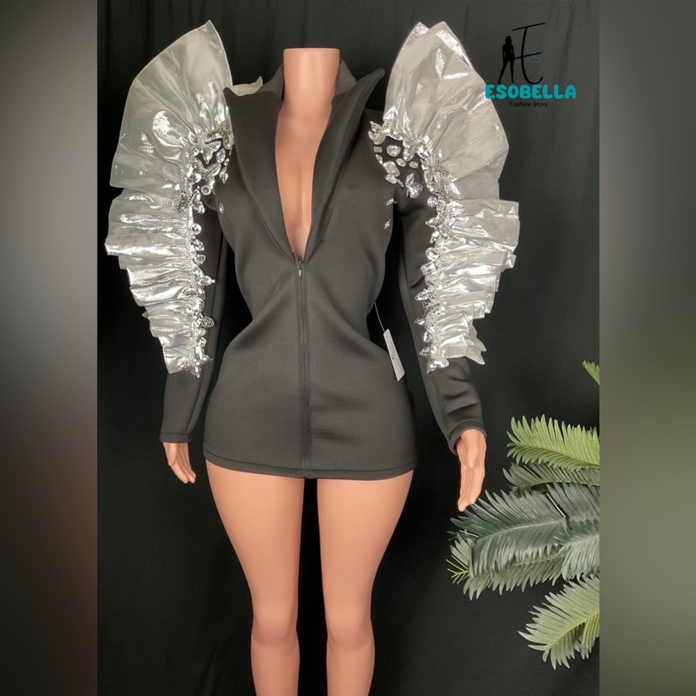 SOLD. Crystal Deep V-Neck Slim-Fit Long-Sleeve Blazer Dress with Wings